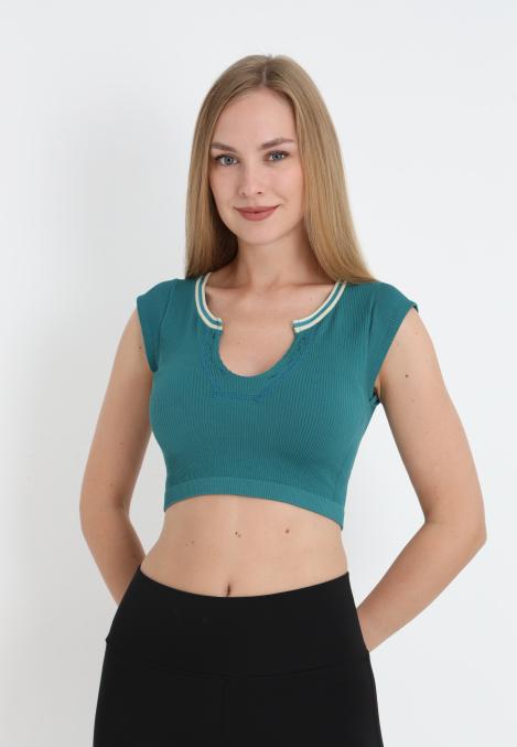 Crop Tricou Damă cu Mânecă Scurtă ,Culoarea Verde, Engros